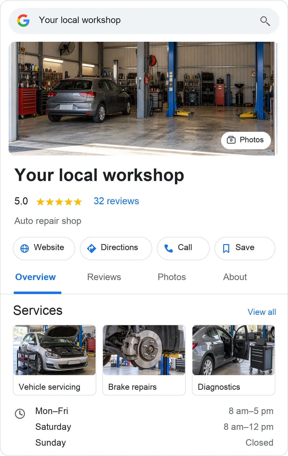 Sample Google-style profile for Your local workshop, with workshop photos, 5.0 from 32 reviews, service cards and opening hours.
