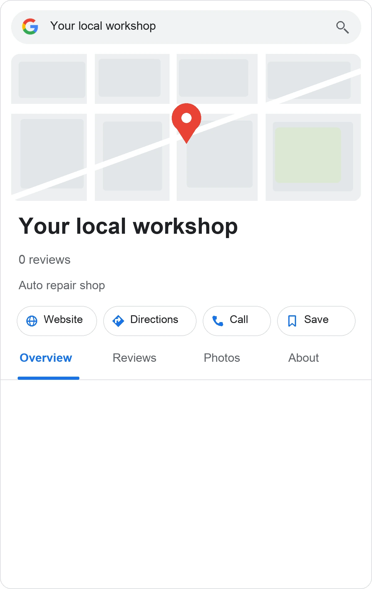 Sample Google-style profile for Your local workshop, with a map marker, 0 reviews and no listed services.